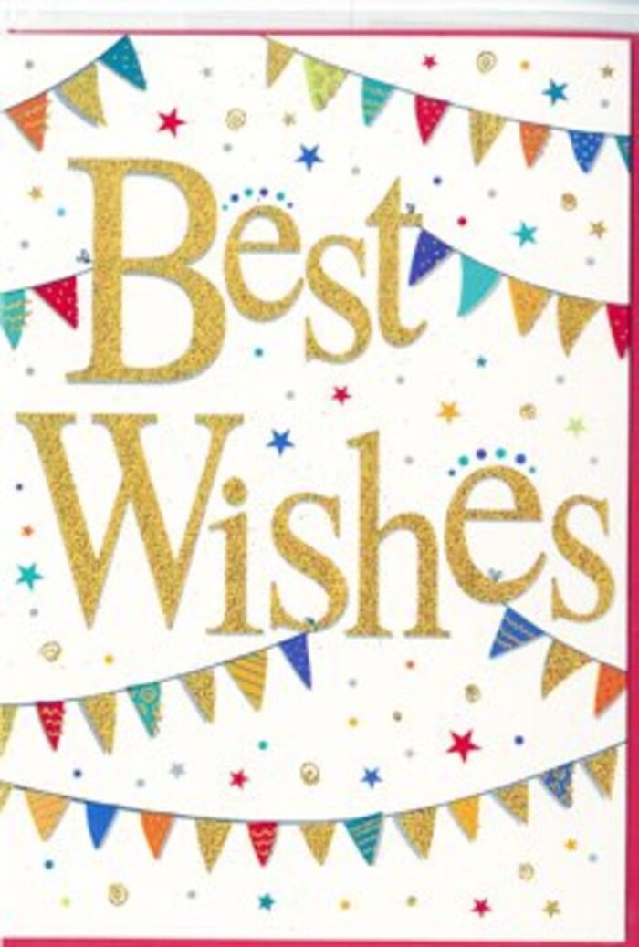 In this image, a congratulations card sits upright, its design carefully balanced between playful colour and refined simplicity. The card itself is a bright, clean white, reminiscent of fresh paper laid out on a worktable in a local Tottenham florist's studio. Dominating the centre is the phrase "Best Wishes," written in an elegant, looping gold script. The lettering appears slightly raised, with a subtle, glittering foil effect that allows each stroke to catch the light as you tilt the card, echoing the soft shimmer of streetlamps along Tottenham High Road on a clear evening. This central message feels warm and personal, as though handwritten with care. Arcing lightly above and below are strings of bunting that frame the words almost like a celebratory canopy. Each tiny triangular flag is distinct, painted in bright, saturated hues-deep blues, scarlets, greens, yellows, and hints of magenta-and decorated with simple but charming patterns: a row of stripes here, scattered dots there, or overlapping shapes that resemble miniature stained glass. The bunting strands are curved just enough to suggest they are hanging freely, as if swaying gently in a breeze at a summer gathering near Tottenham Green. Sprinkled across the remaining white space are little stars and rounded confetti dots, carefully placed but appearing delightfully random, as if joy itself has been scattered across the surface. Some of these accents gleam with metallic highlights, while others are softly coloured, adding depth and energy without overwhelming the design. The overall impression is one of upbeat celebration and heartfelt support. Whether paired with a bouquet to mark a graduation, a new baby, or a new job in the city, this card feels ready to carry your genuine good wishes and share in someone's proudest moments.