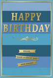 This image presents an elegant birthday card standing upright, its look defined by serene blue stripes and shimmering gold details that create a sense of relaxed celebration, ideal for a special day in Tottenham. The background is made up of broad, horizontal bands of blue, each subtly different in depth and tone. At the top, the blue is deep and velvety, gradually softening through mid-blues to a light, gentle shade near the bottom, like watching the sky brighten over local streets as the day begins. Across the center of the card, the words "HAPPY BIRTHDAY" appear in large, embossed gold capitals. The metallic letters catch the light and seem to glow softly against the cool blues, much like the warm gleam of lights in a favourite café off Tottenham High Road. Directly beneath the main message is a delicate golden flourish-a graceful scroll that stretches horizontally, adding a hint of vintage charm and helping guide the eye downward. Below the flourish, three slim golden banners are neatly stacked, echoing the card's striped pattern. Each banner carries part of a kind, encouraging wish: "Relax, have a great day and enjoy!" The words are simple, but the thoughtful layout makes them feel especially personal and heartfelt. Around the entire design, a fine gold border frames the composition, tying together all the metallic elements and giving the card a polished, finished look. The card stock seems smooth and matte, with the gold embossing standing slightly raised, offering a tactile richness that suggests quality. Altogether, the card conveys a feeling of peaceful, well-meant celebration-an ideal companion to a fresh bouquet delivered to a doorstep in Tottenham.